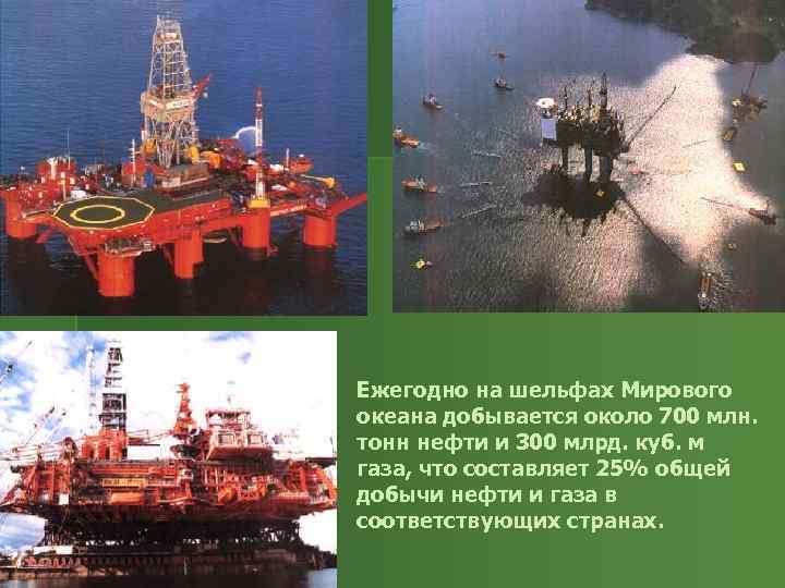 Ежегодно на шельфах Мирового океана добывается около 700 млн. тонн нефти и 300 млрд.