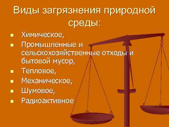 Виды загрязнения природной среды: n n n Химическое, Промышленные и сельскохозяйственные отходы и бытовой