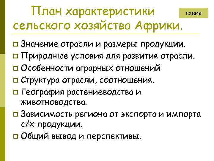 План характеристики схема сельского хозяйства Африки. Значение отрасли и размеры продукции. p Природные условия