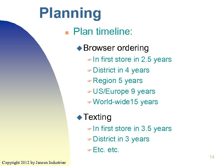 Planning n Plan timeline: u Browser ordering F In first store in 2. 5