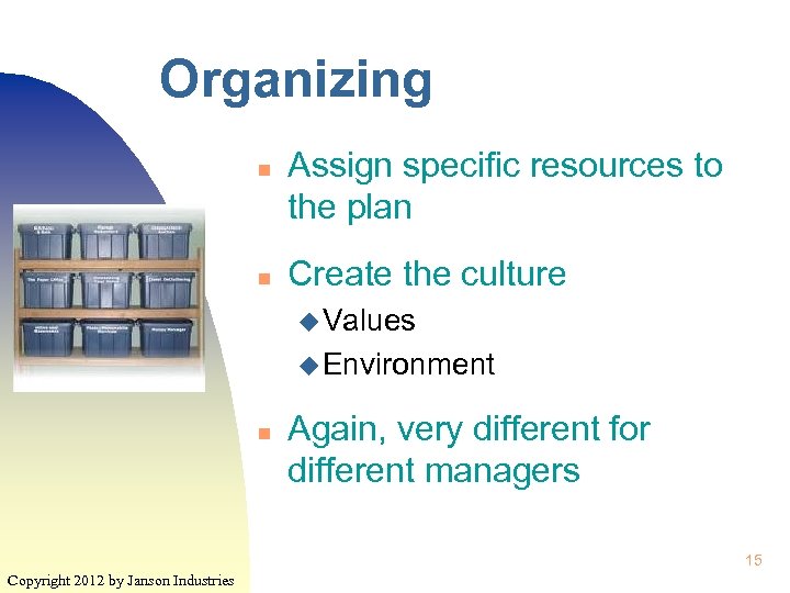 Organizing n n Assign specific resources to the plan Create the culture u Values