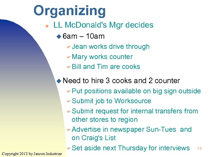 Organizing n LL Mc. Donald's Mgr decides u 6 am – 10 am F