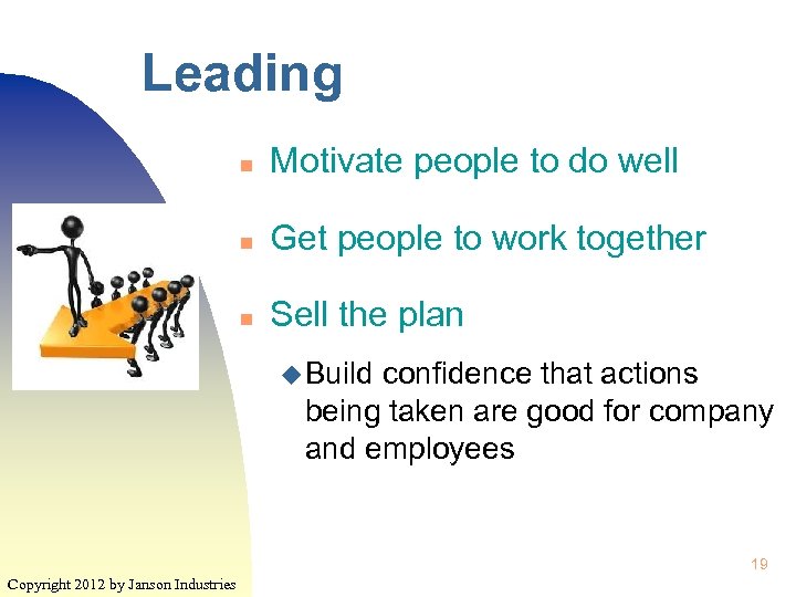 Leading n Motivate people to do well n Get people to work together n