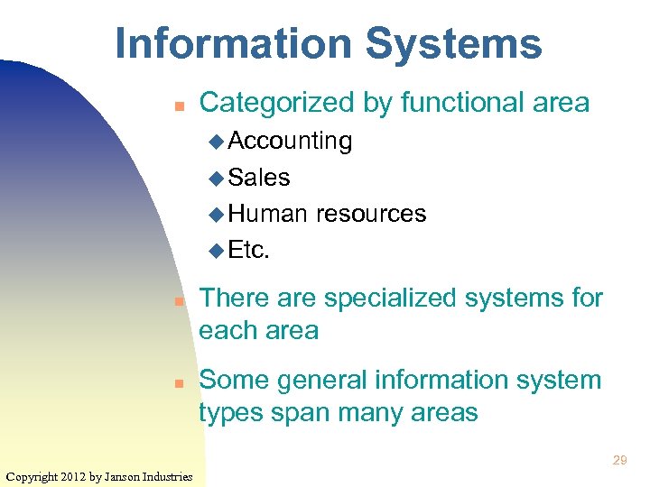 Information Systems n Categorized by functional area u Accounting u Sales u Human resources