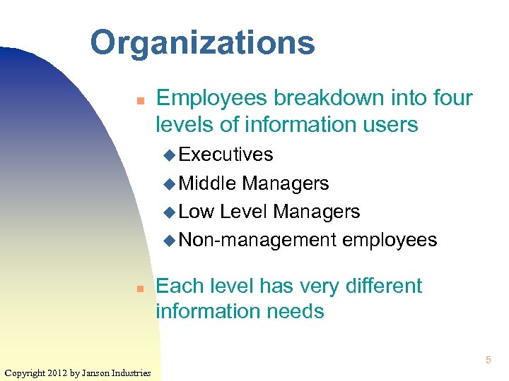 Organizations n Employees breakdown into four levels of information users u Executives u Middle
