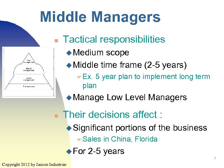 Middle Managers n Tactical responsibilities u Medium scope u Middle time frame (2 -5