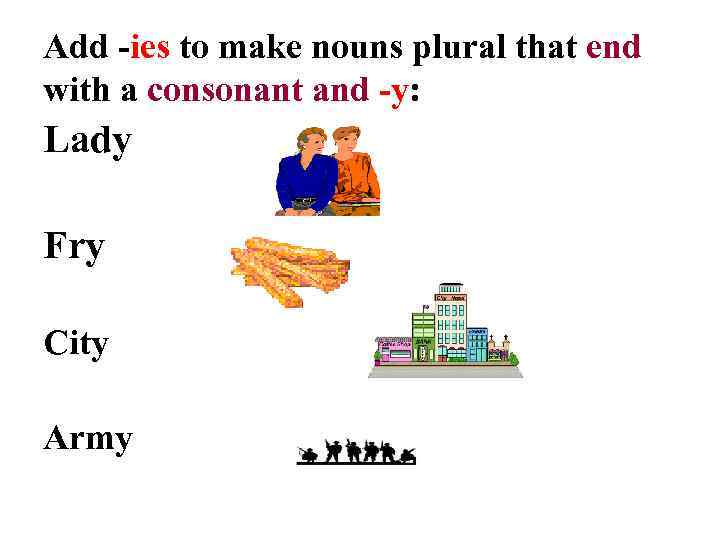 Add -ies to make nouns plural that end with a consonant and -y: Lady