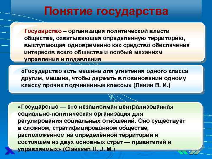 Понятие государства Государство – организация политической власти общества, охватывающая определенную территорию, выступающая одновременно как