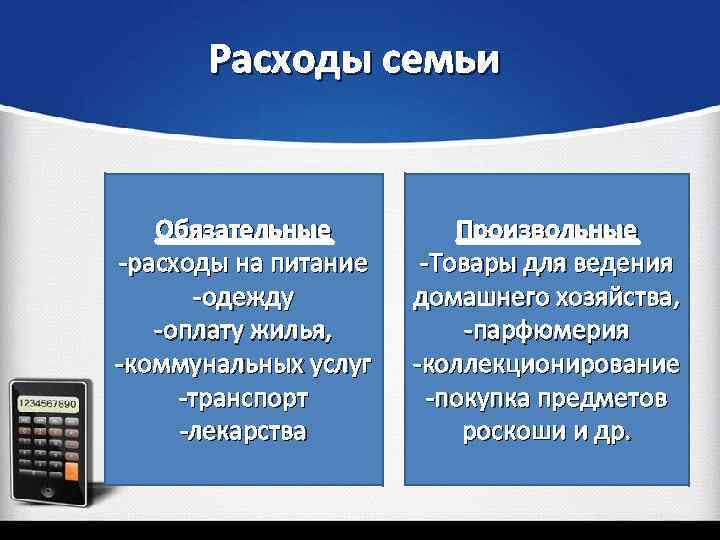 Расходы семьи Обязательные -расходы на питание -одежду -оплату жилья, -коммунальных услуг -транспорт -лекарства Произвольные