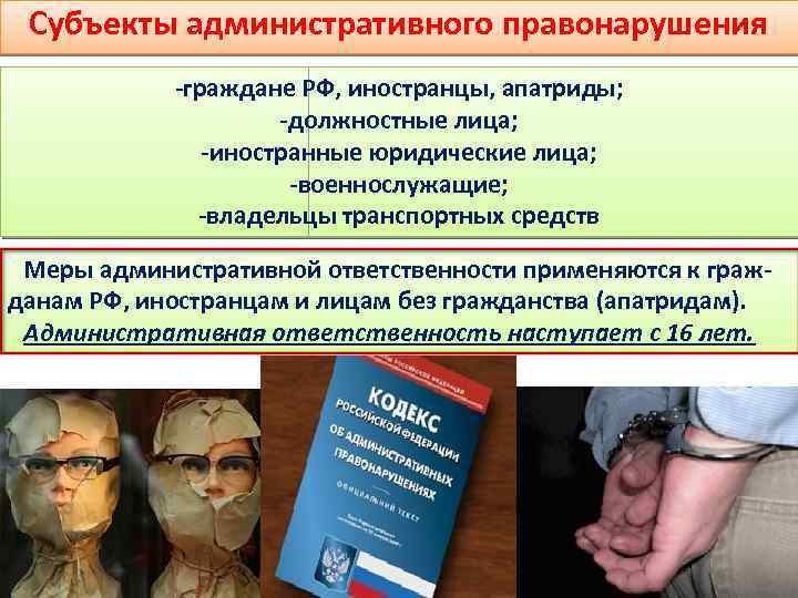 Субъекты административного правонарушения -граждане РФ, иностранцы, апатриды; -должностные лица; -иностранные юридические лица; -военнослужащие; -владельцы