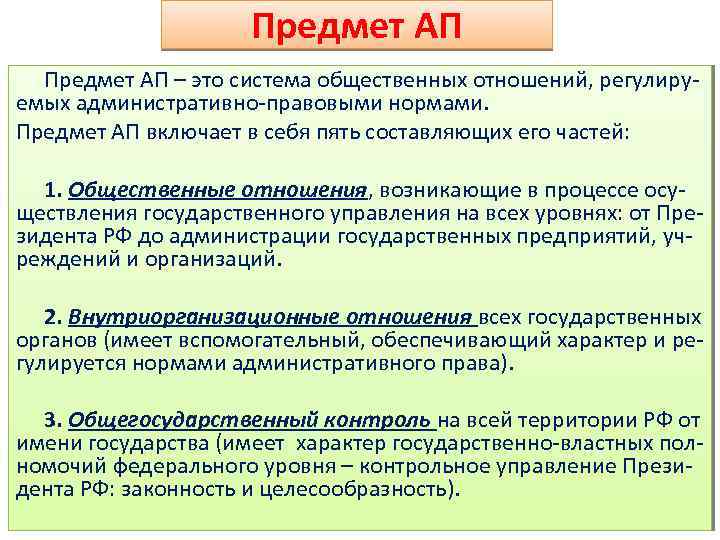 Предмет АП – это система общественных отношений, регулируемых административно-правовыми нормами. Предмет АП включает в