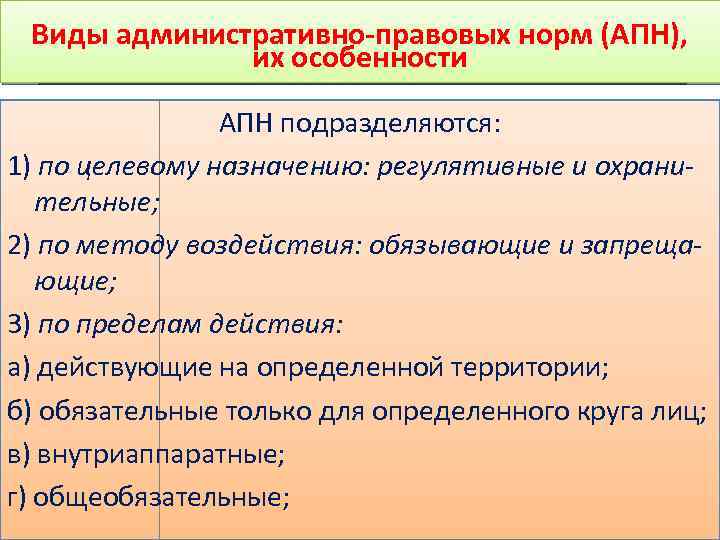 Виды административно-правовых норм (АПН), нормих их особенности и особенности АПН подразделяются: 1) по целевому