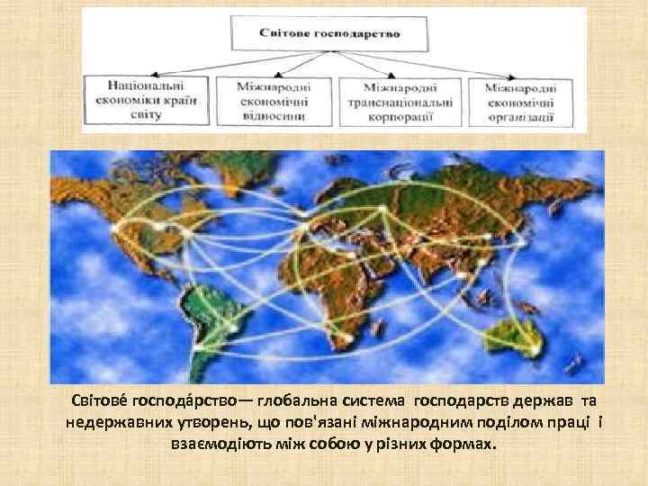 Світове господа рство— глобальна система господарств держав та недержавних утворень, що пов'язані міжнародним поділом