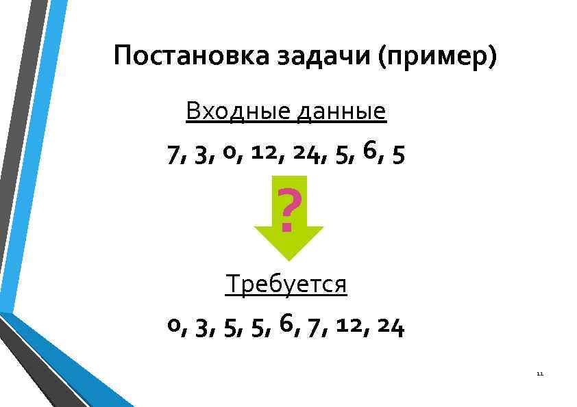 Постановка задачи (пример) Входные данные 7, 3, 0, 12, 24, 5, 6, 5 ?