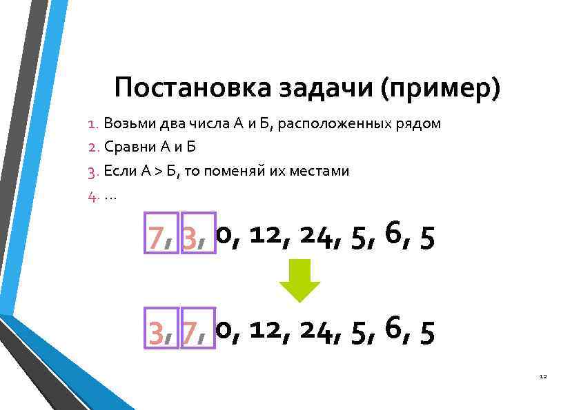 Постановка задачи (пример) 1. Возьми два числа А и Б, расположенных рядом 2. Сравни