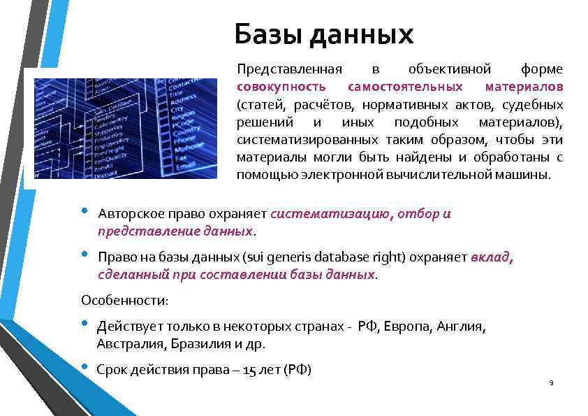 Базы данных Представленная в объективной форме совокупность самостоятельных материалов (статей, расчётов, нормативных актов, судебных