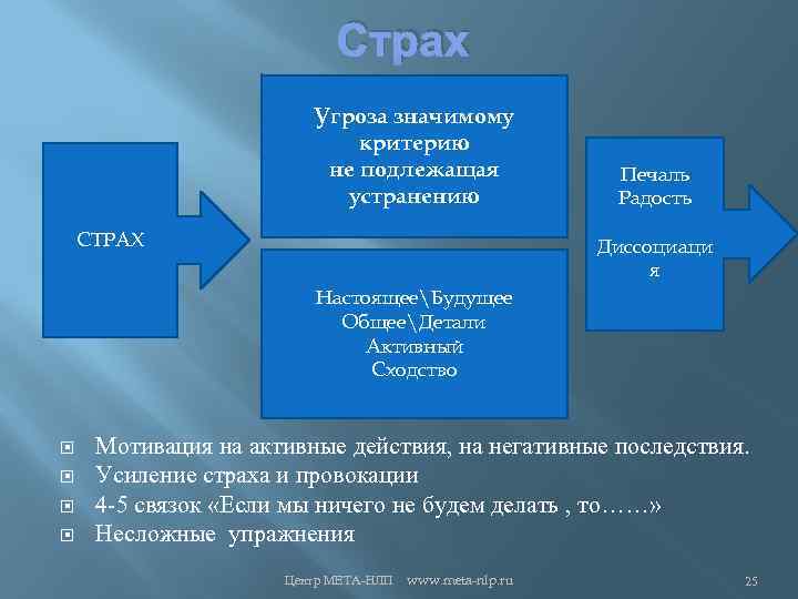 Страх Угроза значимому критерию не подлежащая устранению СТРАХ Печаль Радость Диссоциаци я НастоящееБудущее ОбщееДетали