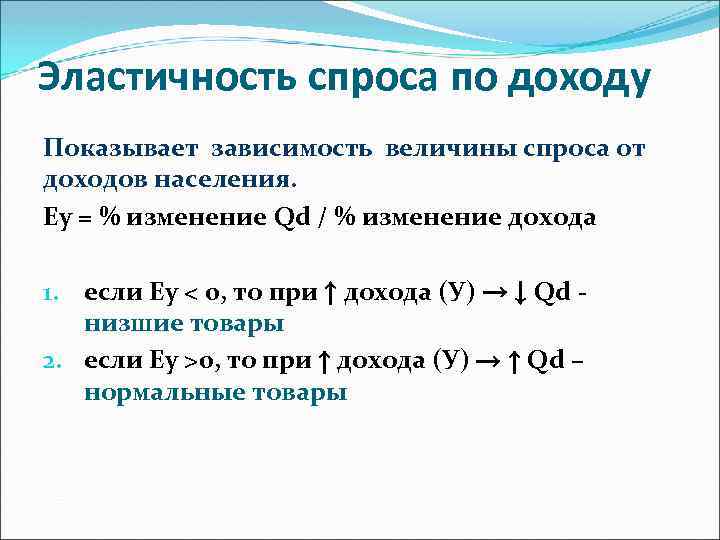 Эластичность спроса по доходу Показывает зависимость величины спроса от доходов населения. Ey = %