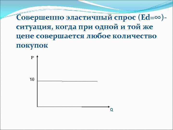 Совершенно эластичный спрос (Ed=∞)ситуация, когда при одной и той же цене совершается любое количество