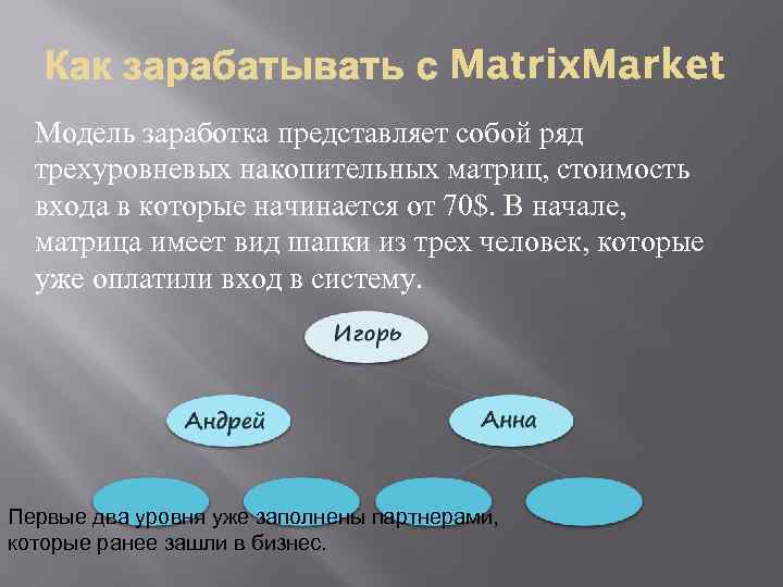 Модель заработка представляет собой ряд трехуровневых накопительных матриц, стоимость входа в которые начинается от