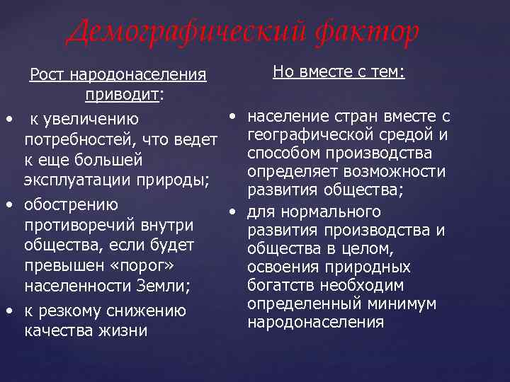 Демографический фактор Но вместе с тем: Рост народонаселения приводит: • население стран вместе с