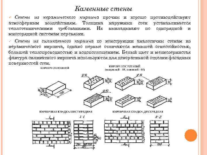 Каменные стены Стены из керамического кирпича прочны и хорошо противодействуют атмосферным воздействиям. Толщина наружных