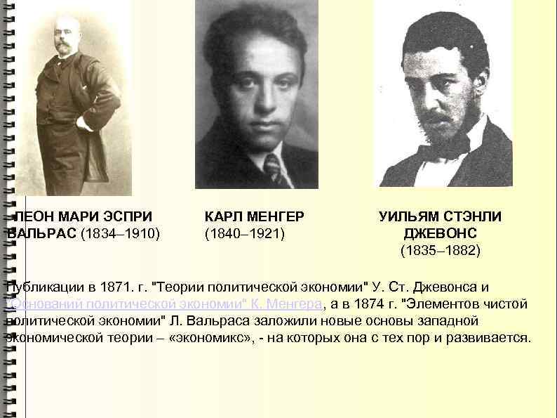 ЛЕОН МАРИ ЭСПРИ ВАЛЬРАС (1834– 1910) КАРЛ МЕНГЕР (1840– 1921) УИЛЬЯМ СТЭНЛИ ДЖЕВОНС (1835–