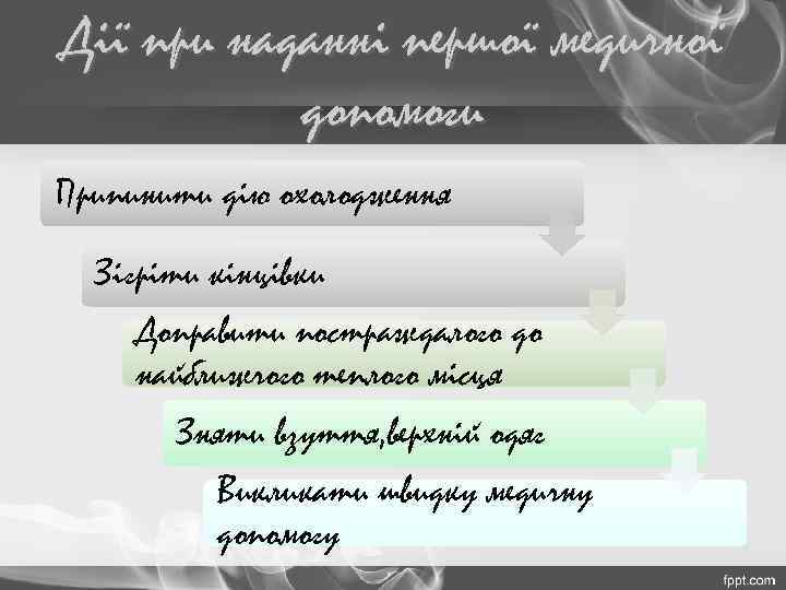 Дії при наданні першої медичної допомоги Припинити дію охолодження Зігріти кінцівки Доправити постраждалого до