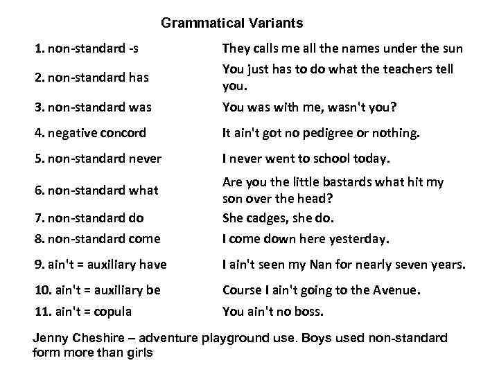 Grammatical Variants 1. non-standard -s They calls me all the names under the sun