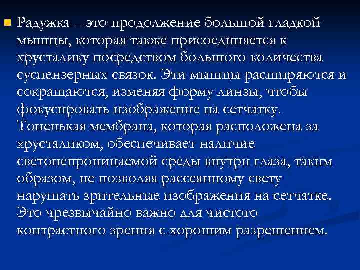 n Радужка – это продолжение большой гладкой мышцы, которая также присоединяется к хрусталику посредством