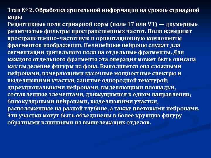 Этап № 2. Обработка зрительной информации на уровне стриарной коры Рецептивные поля стриарной коры