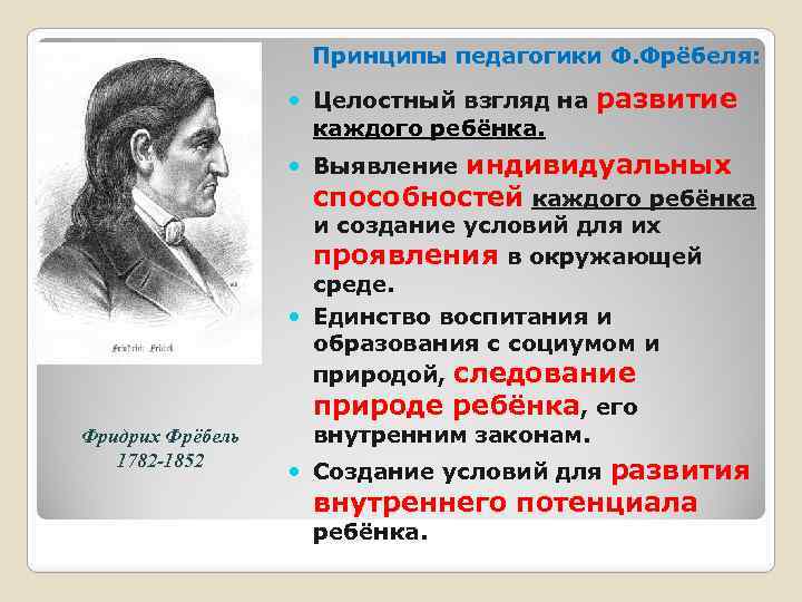 Принцип ф. Фребель педагогические труды. Ф. Фребель основные идеи. Фридрих Фребель педагогические идеи. Фребель педагогические идеи и труды.