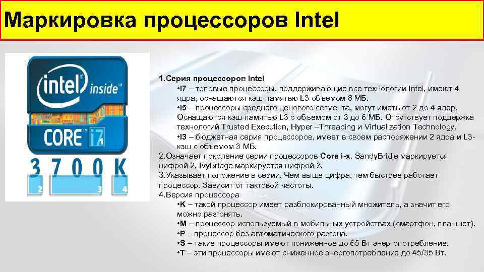 Маркировка процессоров Intel 1. Серия процессоров Intel • I 7 – топовые процессоры, поддерживающие