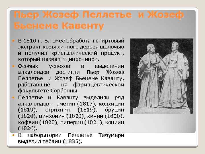 Пьер Жозеф Пеллетье и Жозеф Бьенеме Кавенту В 1810 г. Б. Гомес обработал спиртовый