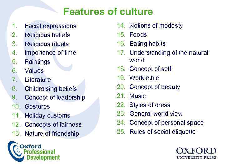 Features of culture 1. 2. 3. 4. 5. 6. 7. 8. 9. 10. 11.