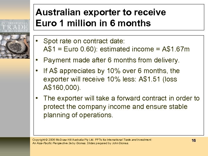 Australian exporter to receive Euro 1 million in 6 months • Spot rate on