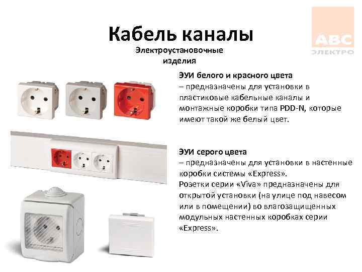 Кабель каналы Электроустановочные изделия ЭУИ белого и красного цвета – предназначены для установки в