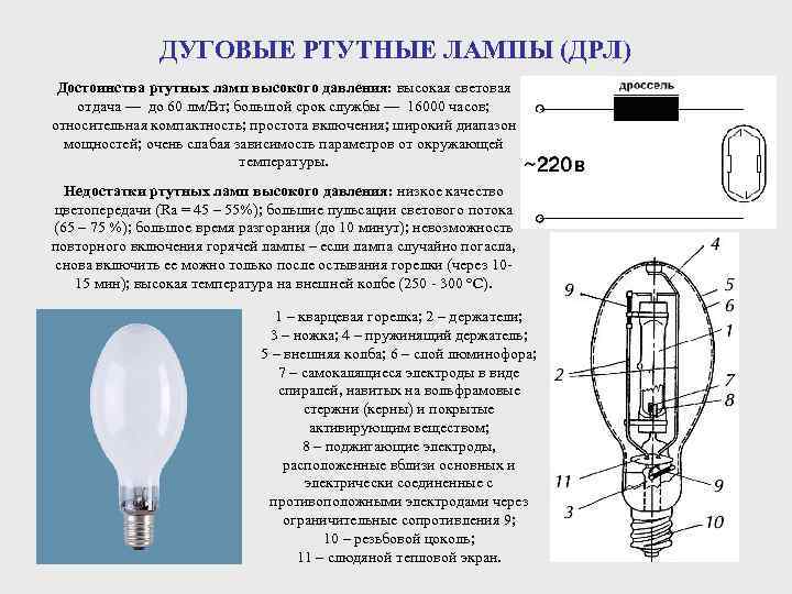 ДУГОВЫЕ РТУТНЫЕ ЛАМПЫ (ДРЛ) Достоинства ртутных ламп высокого давления: высокая световая отдача — до