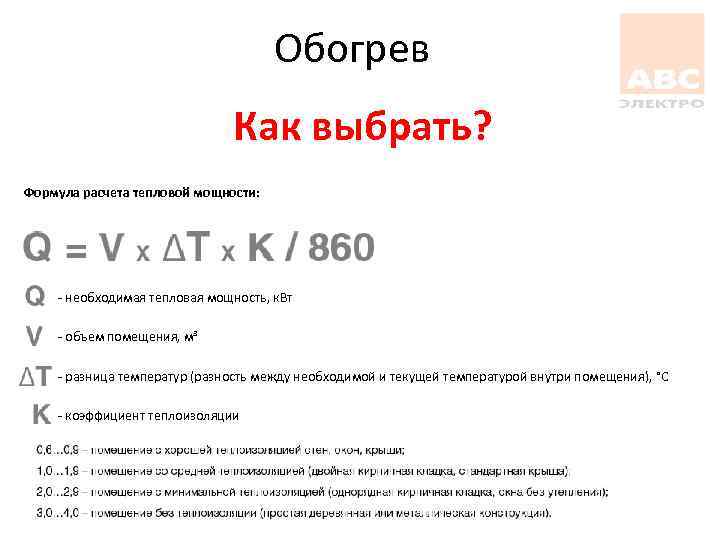 Обогрев Как выбрать? Формула расчета тепловой мощности: - необходимая тепловая мощность, к. Вт -