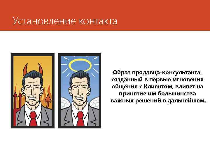 Установление контакта Образ продавца-консультанта, созданный в первые мгновения общения с Клиентом, влияет на принятие