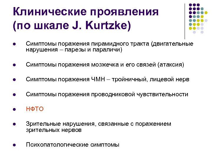 Клинические проявления (по шкале J. Kurtzke) l Симптомы поражения пирамидного тракта (двигательные нарушения –