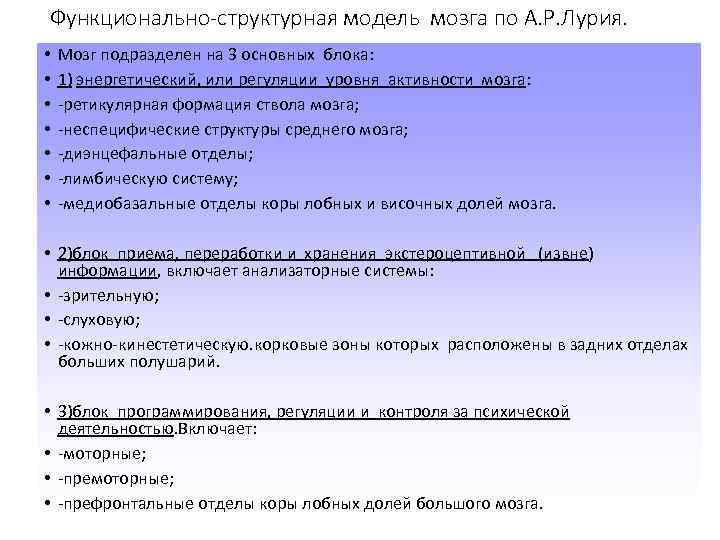 Функционально-структурная модель мозга по А. Р. Лурия. • • Мозг подразделен на 3 основных