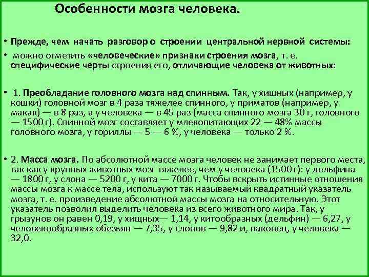 Особенности мозга человека. • Прежде, чем начать разговор о строении центральной нервной системы: •