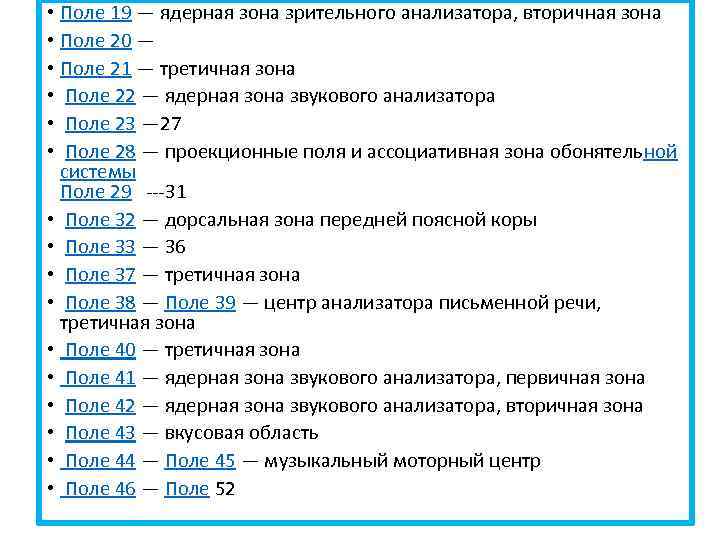  • Поле 19 — ядерная зона зрительного анализатора, вторичная зона • Поле 20