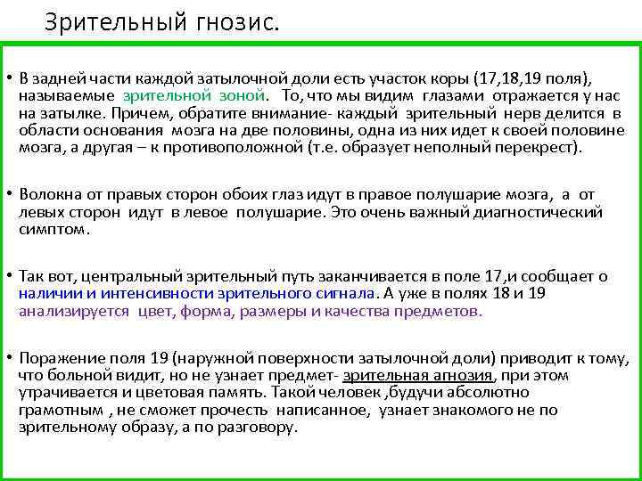 Зрительный гнозис. • В задней части каждой затылочной доли есть участок коры (17, 18,