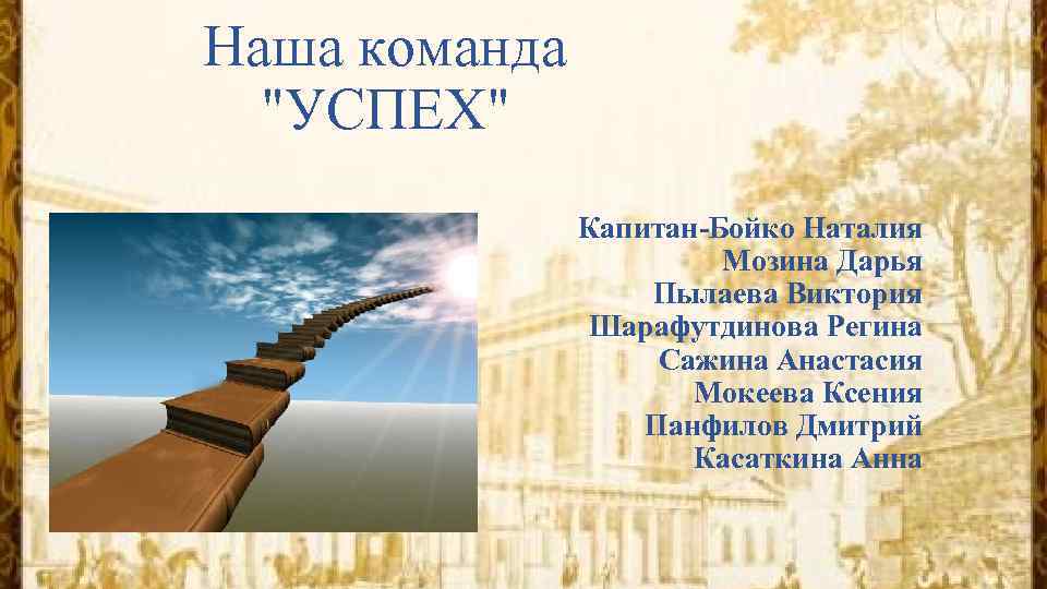 Наша команда "УСПЕХ" Капитан-Бойко Наталия Мозина Дарья Пылаева Виктория Шарафутдинова Регина Сажина Анастасия Мокеева