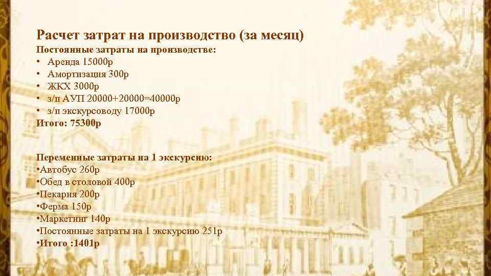 Расчет затрат на производство (за месяц) Постоянные затраты на производстве: • Аренда 15000 р