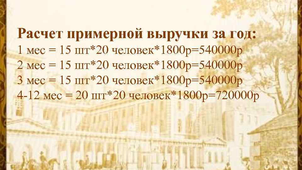 Расчет примерной выручки за год: 1 мес = 15 шт*20 человек*1800 р=540000 р 2