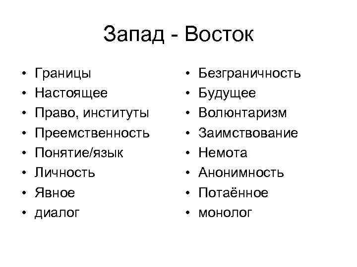 Запад - Восток • • Границы Настоящее Право, институты Преемственность Понятие/язык Личность Явное диалог