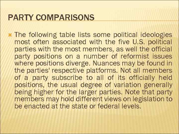 PARTY COMPARISONS The following table lists some political ideologies most often associated with the